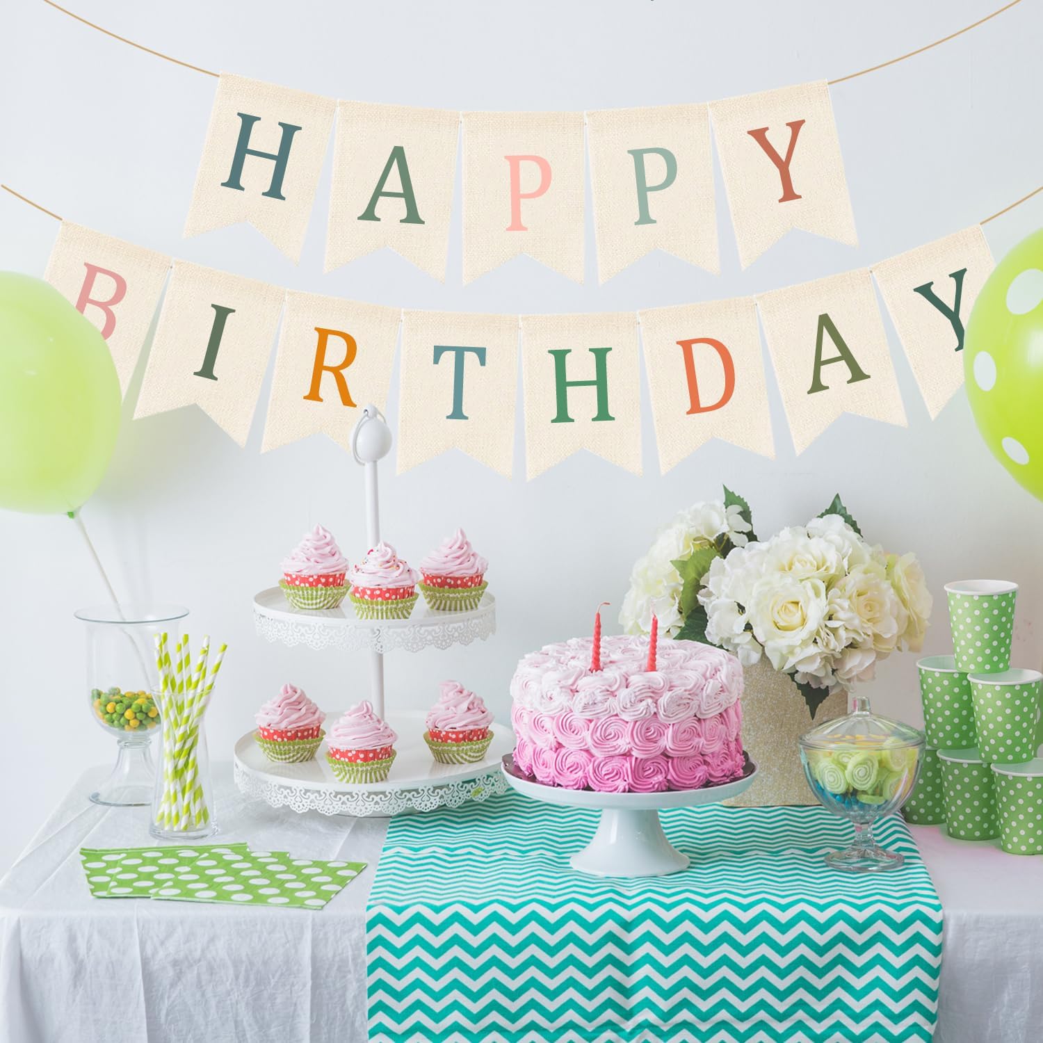 Doumeny Happy Birthday Burlap Banner Boho Birthday Garland Bunting Sage Green Pink Bohemian Party Hanging Flag White Happy Birthday Party Bunting Garland for Women Men Birthday Photo Backdrop
