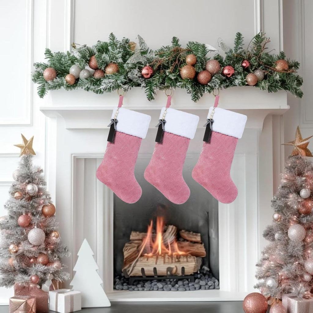 Pink Velvet Quilted Personalized Christmas Stocking,19.5 Inch Fireplace Hanging Stockings with Blank Wooden Tags DIY Name,Family Holiday Decorations and Xmas Gift- 6Pcs