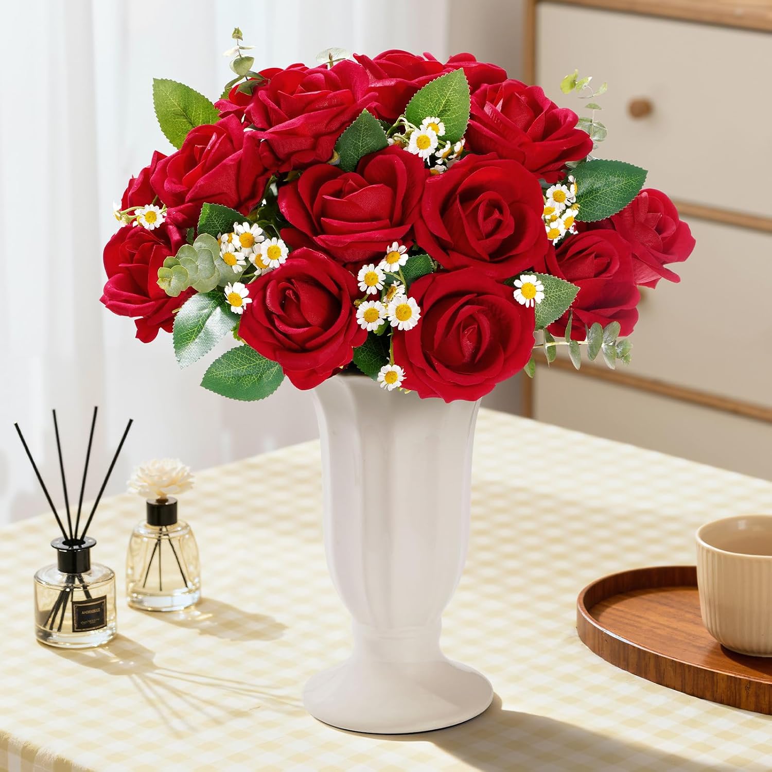 Lifewit 10 Pcs Red Artificial Roses Flowers in Bulk, Fake Long Stem Silk Roses for DIY Wedding Bouquets, Centerpieces Arrangements, Valentine Decorations