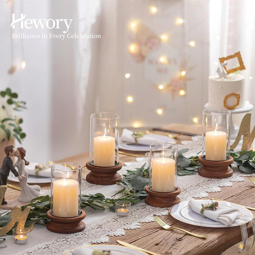 Hewory Hurricane Glass Candle Holder: 2PCS Rustic Brown Candle Holders for Pillar Candles, Vintage Decorative Wood Stand with Clear Glass Cover for Weddings Christmas Table Centerpiece Home Decor