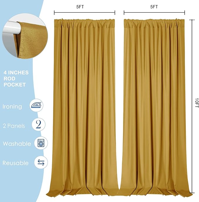 Sugargirl 10x10FT Gold Backdrop Curtains Polyester Photo Backdrop Drapes Curtains 2 Panels with Rod Pockets for Party Birthday Wedding Photography Home Decoration