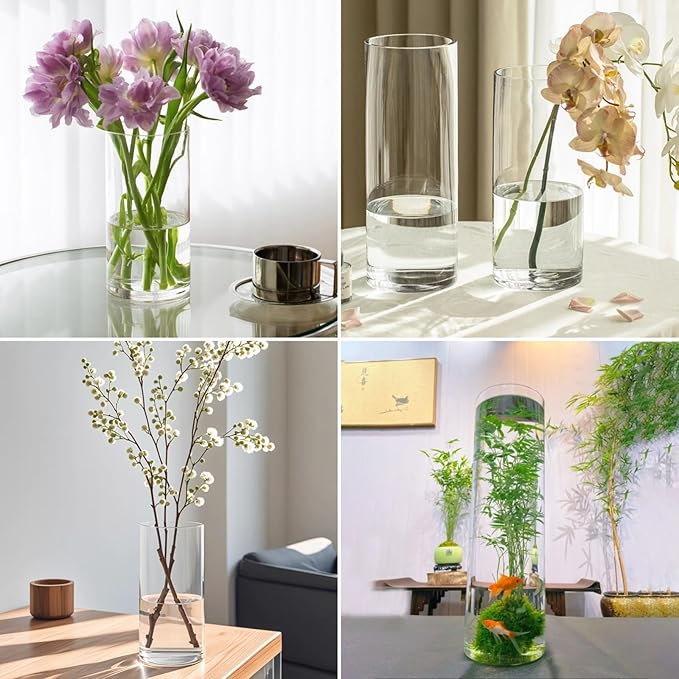 3 Large Acrylic Cylinder Clear Vase for Centerpieces, Hurricane Unbreakable Tall Big Wide Mouth Flower Vases for Birthday Wedding Bouquet Decor (D 6" X H 15.8", D 4.8", D 4" + 3 Holder)