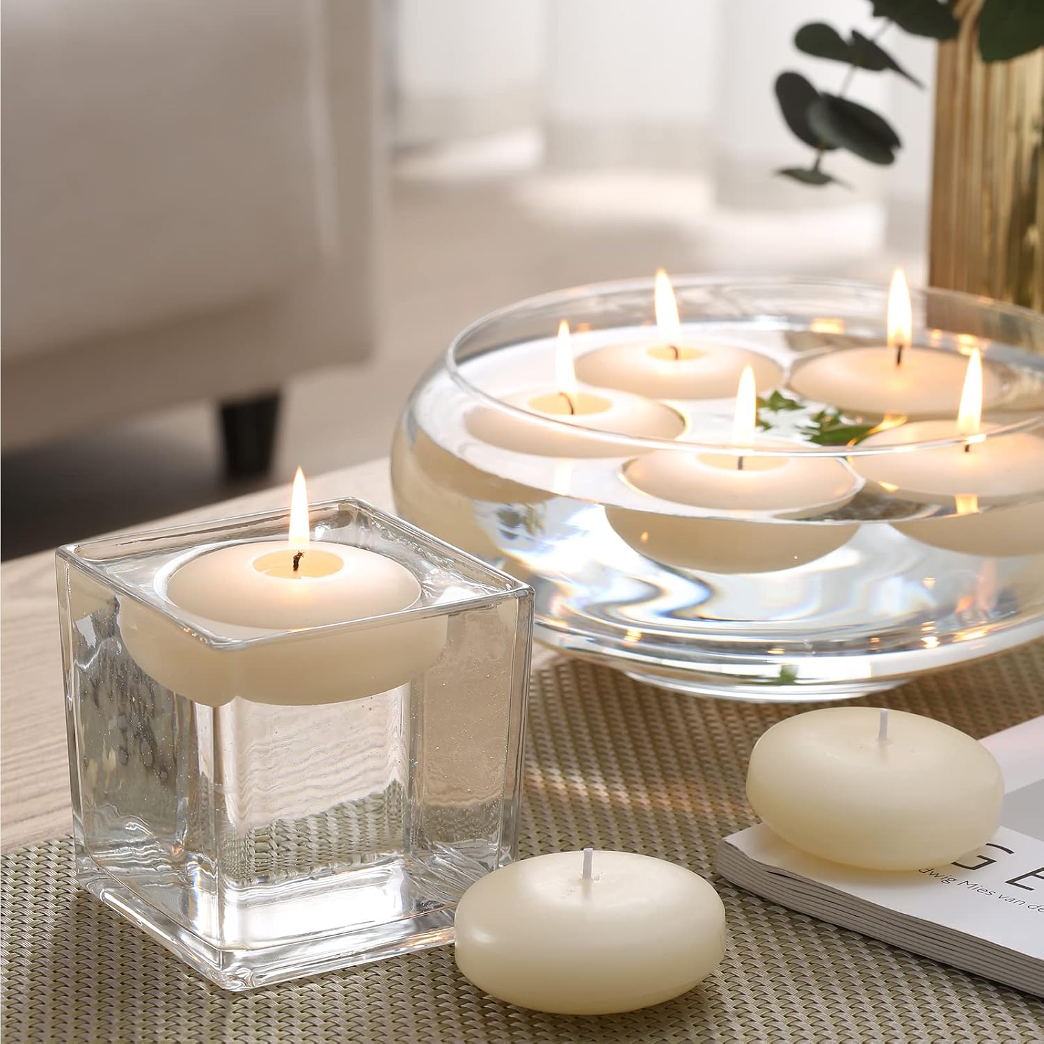 qinxiang 12 Pack Floating Candles, 3” Ivory Unscented Dripless Wax Burning Candles, for Cylinder Vases, Weddings, Party and Holiday