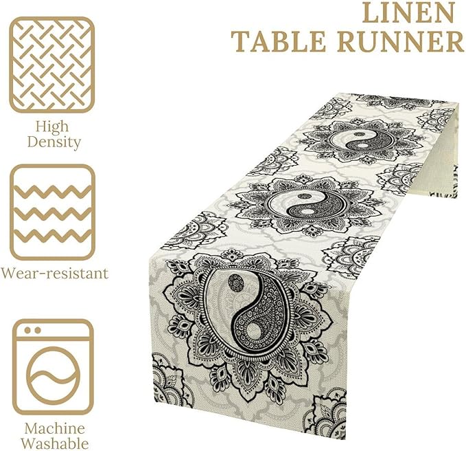 Yin Yang Table Runner, Bohemian Mandala Vintage Black White Traditional Oriental Floral Print Table Runner for Home Kitchen Dining Table Wedding Party Decor, 13x70inch
