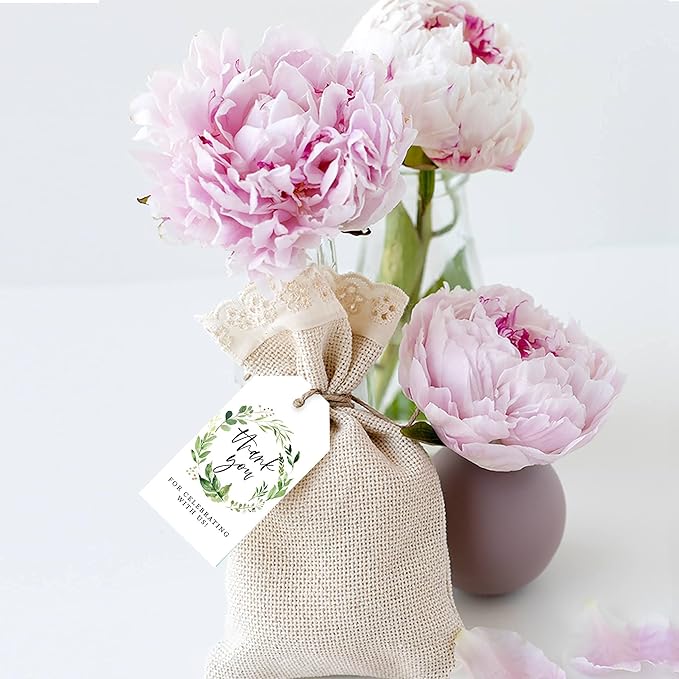 Andaz Press 100-Pack Thank You for Celebrating with Us Favor Tags Greenery Wreath Cardstock Gift Tags with Bakers Twine for Wedding Baby Shower Bridal Shower Birthday Party Favors 2 x 3.75-Inches