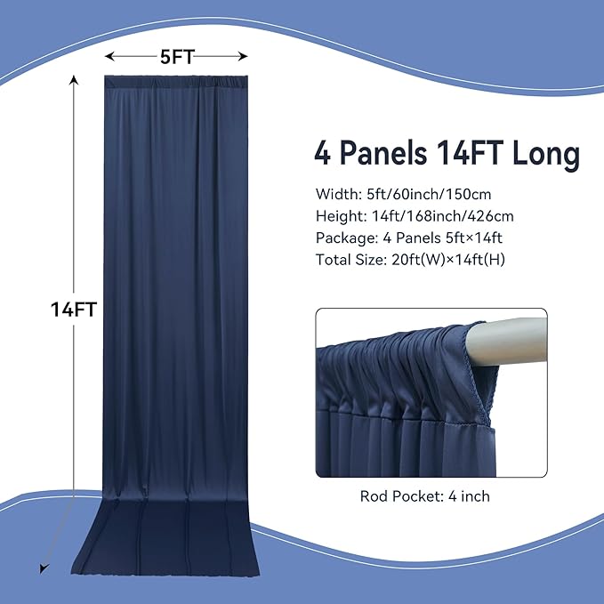 20×14ft Wrinkle Free Navy Blue Backdrop Curtain for Wedding Parties,4 Panels 5×14ft Height Soft Silky Polyester Photo Backdrop Drapes Curtains for Birthday Photography Stage Events Background Cloth