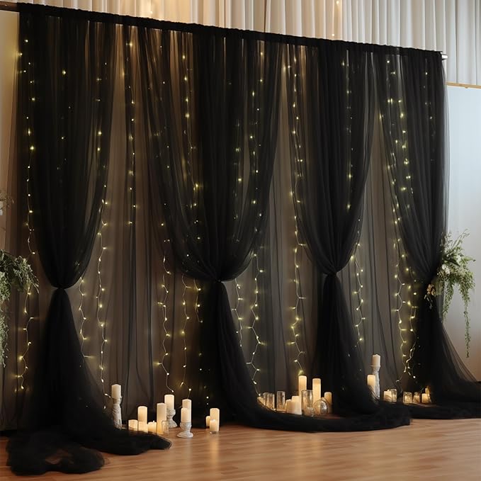 20×10ft Black Tulle Backdrop Curtain with Lights String for Parties, Sheer Photo Backdrop Curtains for Wedding Party Photography Background