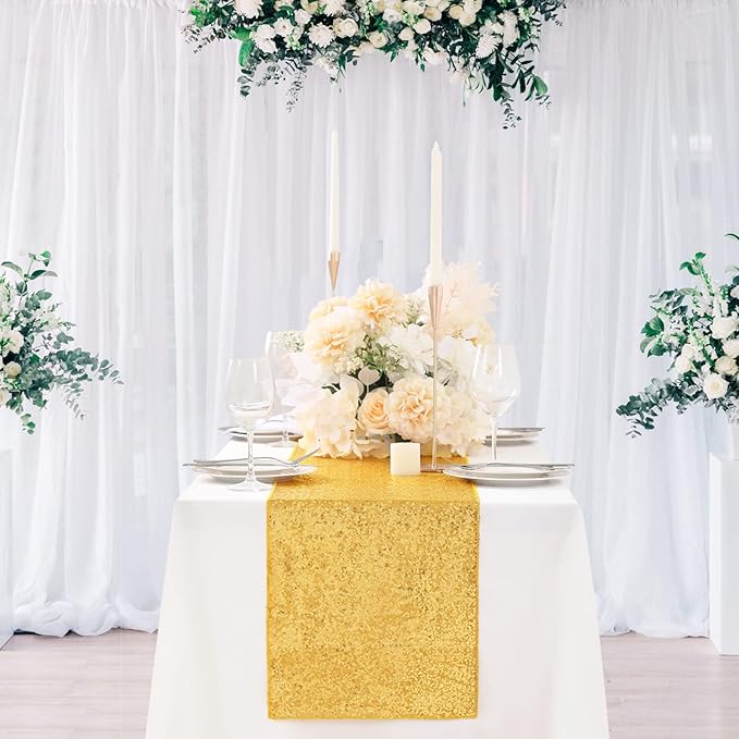 Sequin Table Runners 2 Pieces Gold Table Runners 12x72 Inch Glitter Dining Table Cover for Party Wedding Birthday Reception Banquet Decoration Spring Party Chair Sashes