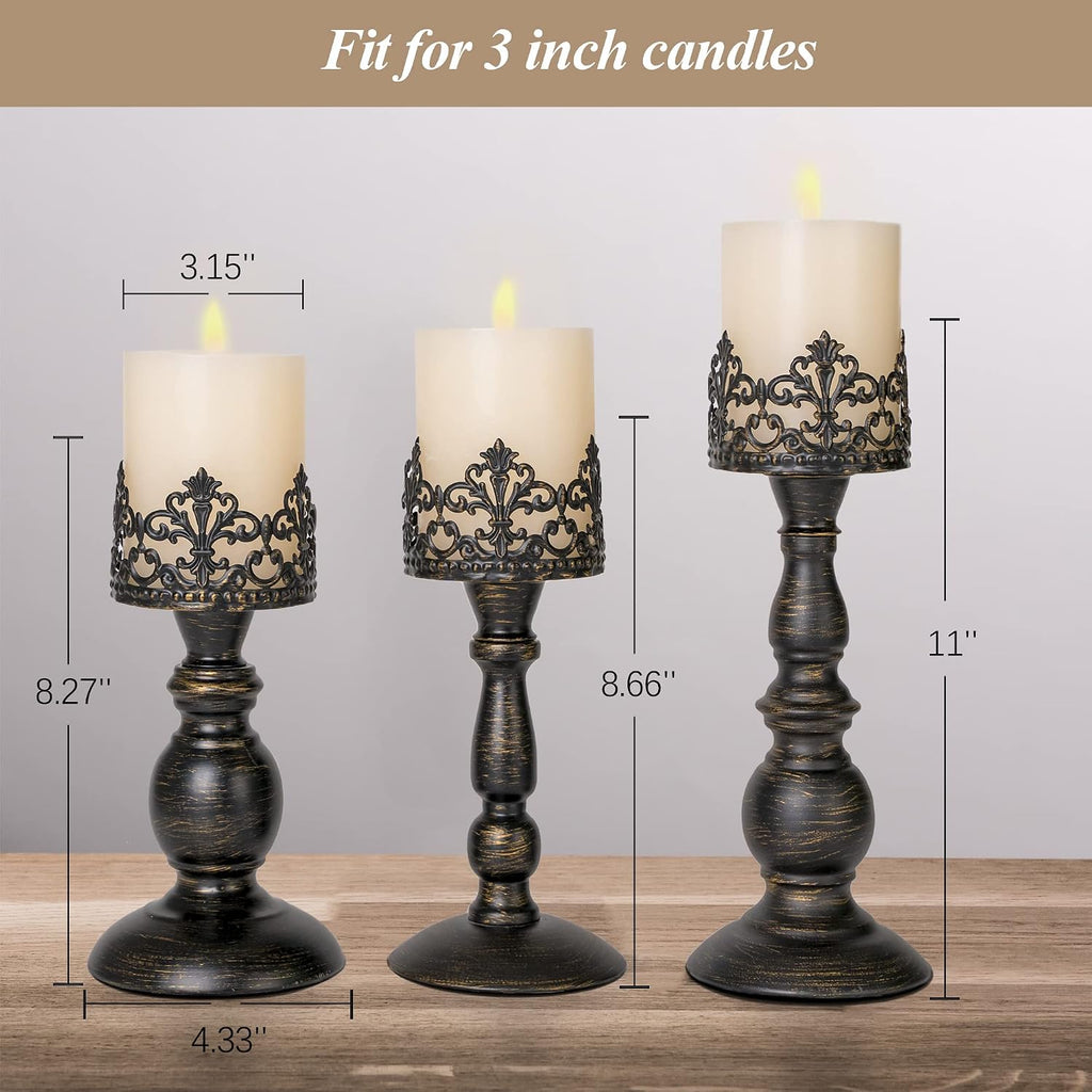 BANOMII Distressed Black Candle Holders for Pillar Candles Set of 3, Vintage Crown Candle Stands for Table Centerpiece Decor, Tall Antique Metal Candle Holder Set for Fireplace Decoration, Ideal Gift