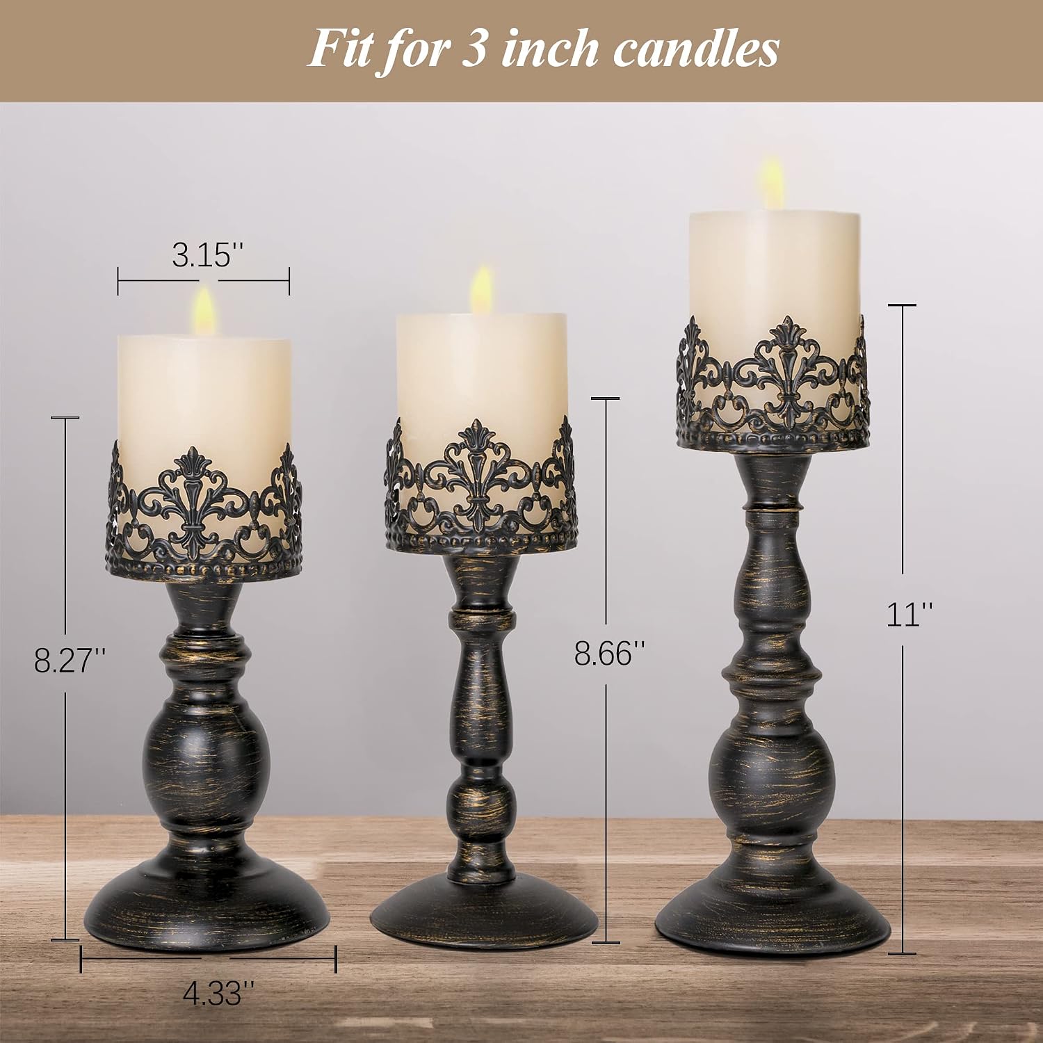 BANOMII Distressed Black Candle Holders for Pillar Candles Set of 3, Vintage Crown Candle Stands for Table Centerpiece Decor, Tall Antique Metal Candle Holder Set for Fireplace Decoration, Ideal Gift