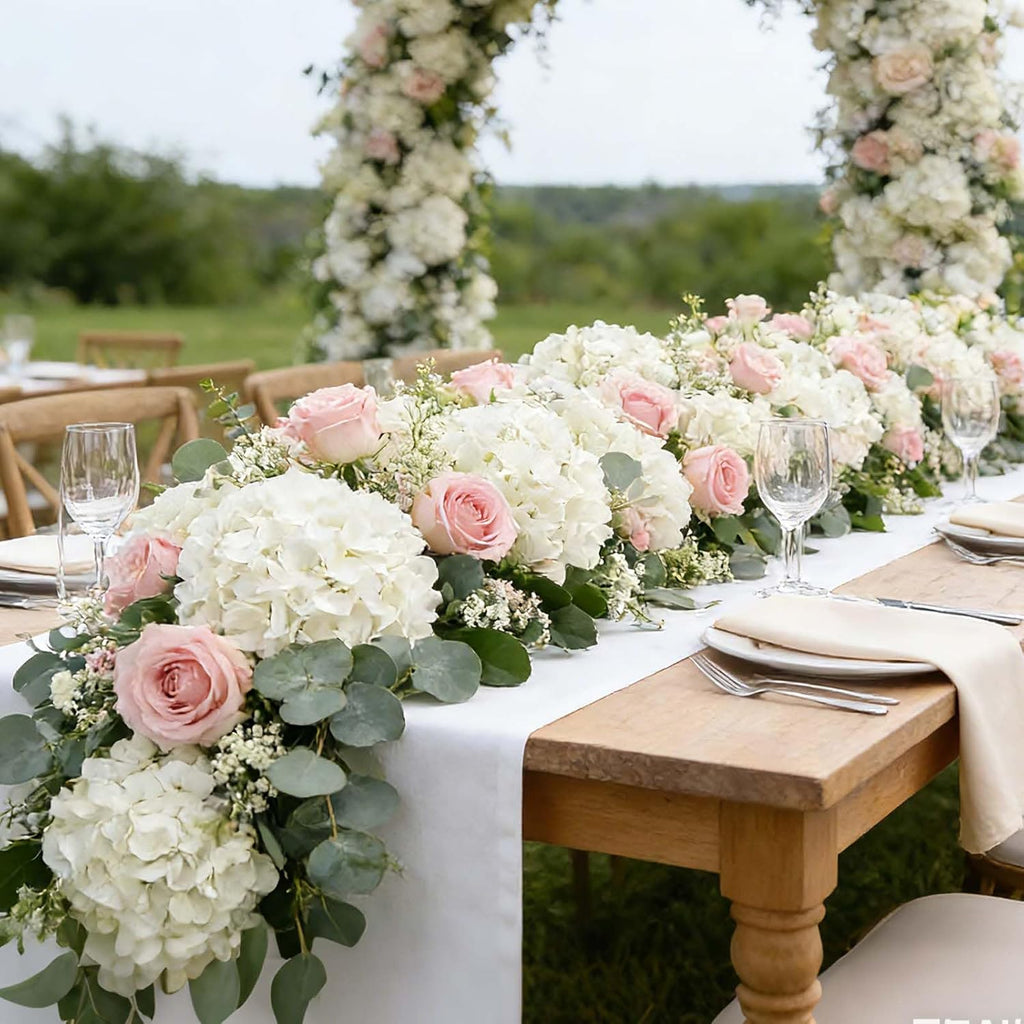 white hydrangea artificial flowers, faux hydrangea flowers, fake shown in use