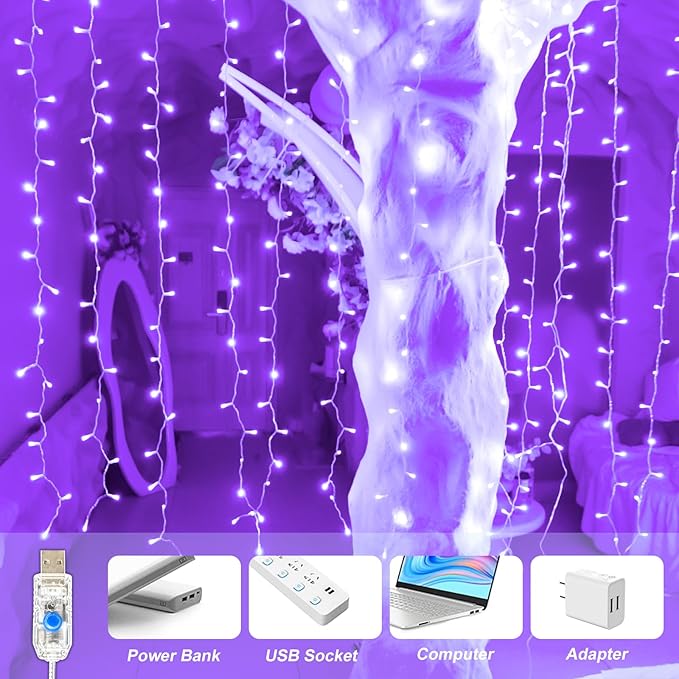 Curtain Light for Bedroom, 200LED 6.6x6.6ft Purple Window Wall Hanging Fairy Curtain String Light, 8 Modes Remote Fairy String Lights Indoor for Wedding Party Home Garden Decorations