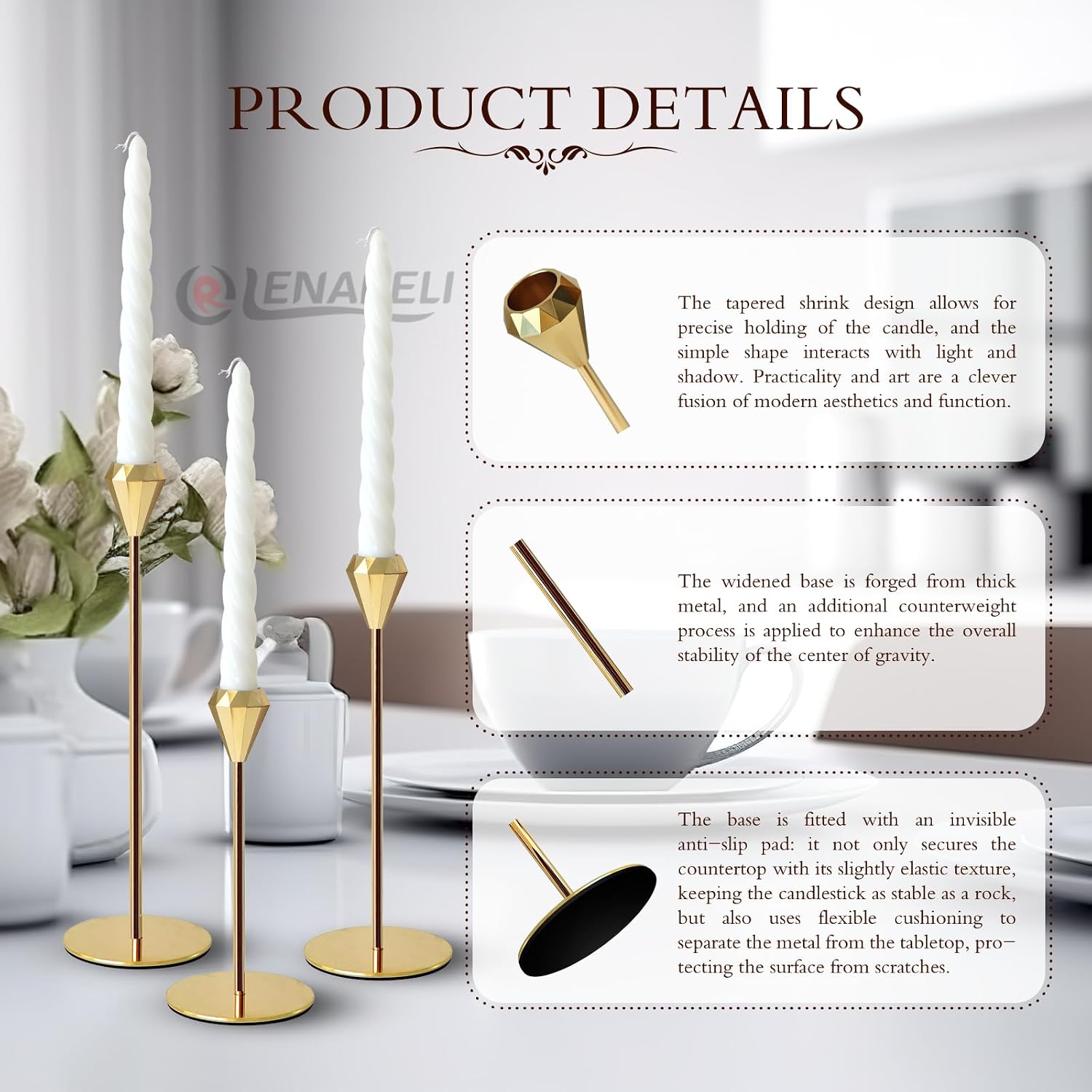 2 Sets 6 Pcs(Including Taper Candles) Rose Gold Metal Taper Candle Holders Candlestick Holders, Vintage Modern Decorative Centerpiece Candlestick