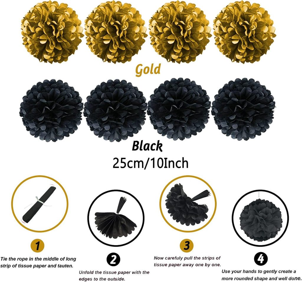 ZERODECO Party Decorations, 41 Pcs Black and Gold Papar Fans Pompoms Garlands String Tissue Paper Tassel for Graduation Congrats Grad New Years Wedding Birthday Party