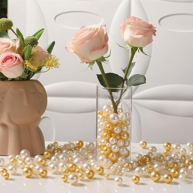 200 Pcs Vase Filler Beads Gold and White Pearl Beads for Vase No Hole Pearls for Centerpieces Vases DIY Home Table Party Decor DIY Wedding 8/14/20mm