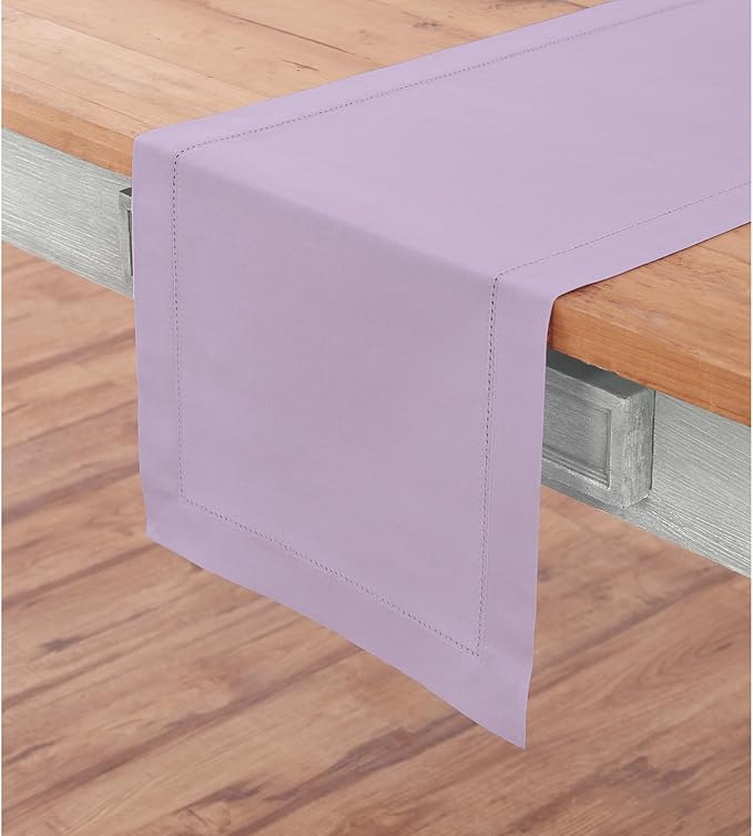 Solino Home Cotton Linen Table Runner 60 Inches - Lavender Ice Hemstitch Table Runner 14 x 60 Inch Ideal for Dresser and Coffee Tables