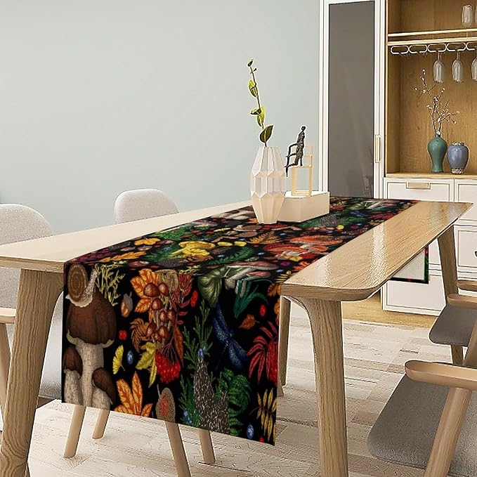 Nature Mushroom Table Runner,Retro Boho Floral Botanical Plant Forest Pattern Print Tablecloth Burlap for Hotel Indoors Outdoor Dining Room Kitchen Holiday Party, 13x36in