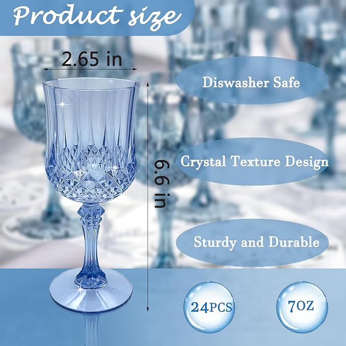 Plastic Wine Glasses，Plastic Goblets Vintage Style Cordial Drinking Glasses for Wedding Reception, Grand Event Party Supplies (24, Blue)