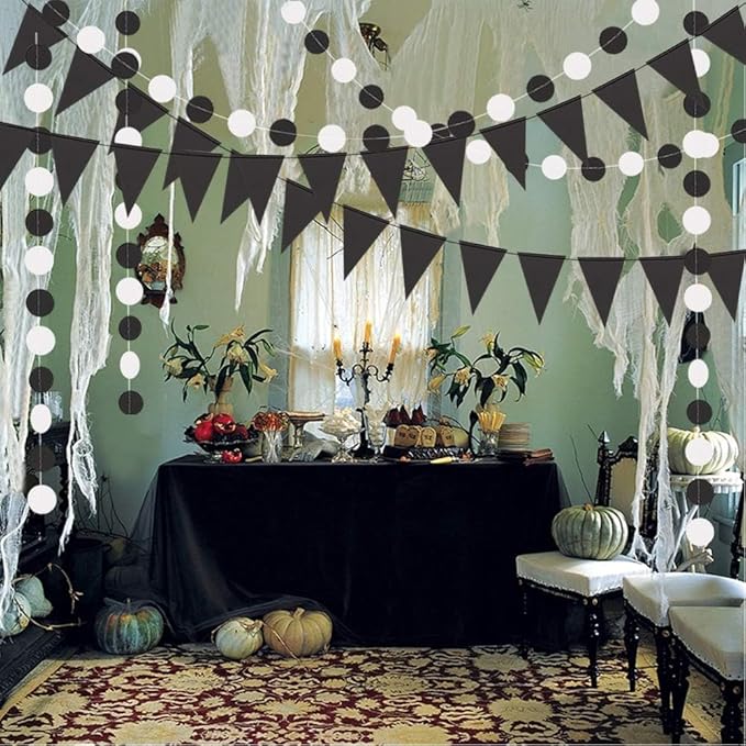 Cheerland Black and White Party Decoration Gothic Circle Garland Halloween Flag Banner for Summerween Birthday Hanging Streamer Banner Backdrop Wedding Baby Anniversary Graduation Shower Party Supply