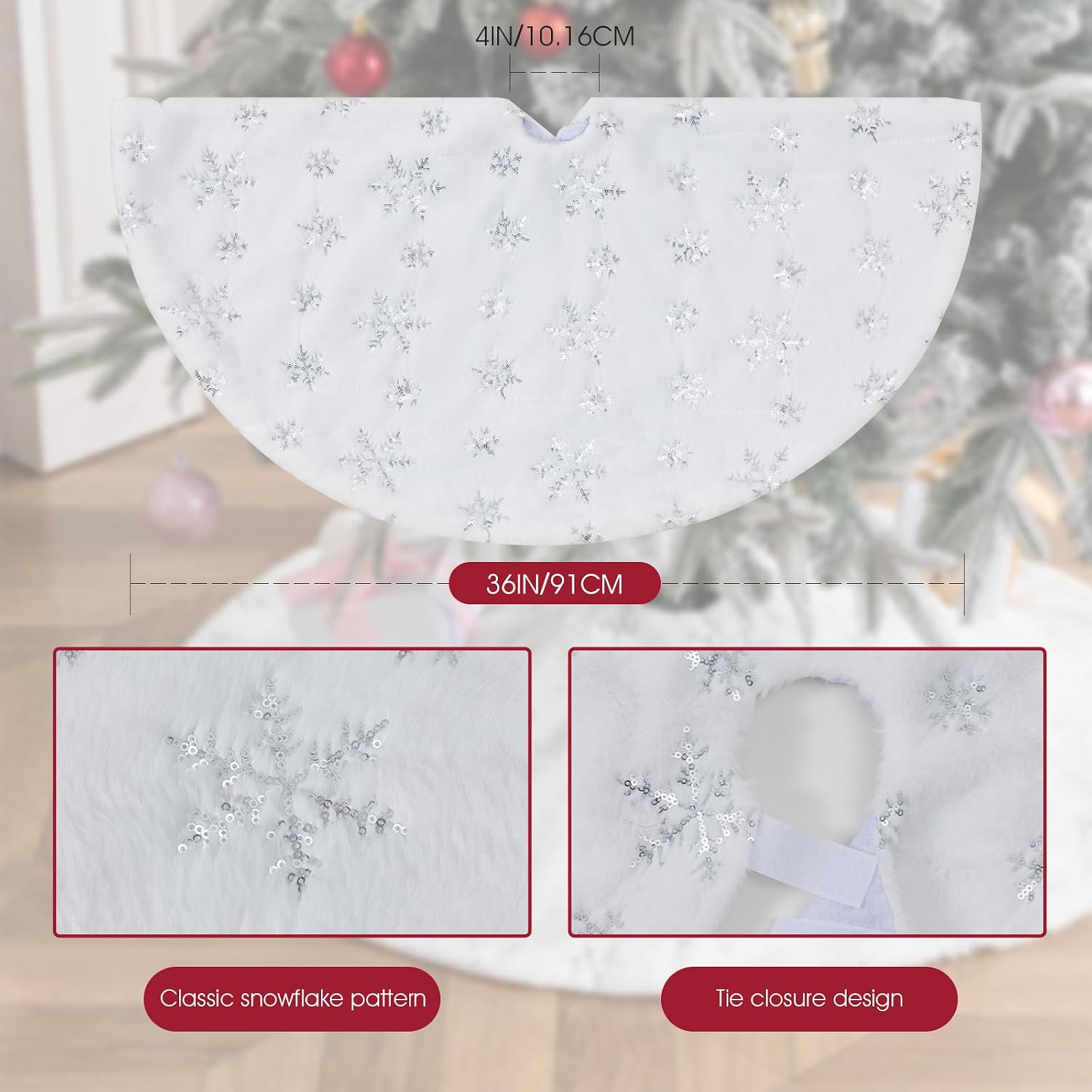 36 Inch Christmas Tree Skirt Faux Fur, White Soft Double Layer Plush Tree Skirt for Merry Christmas Party Christmas Tree Decoration Holiday Party Home Decor Indoor Outdoor B2