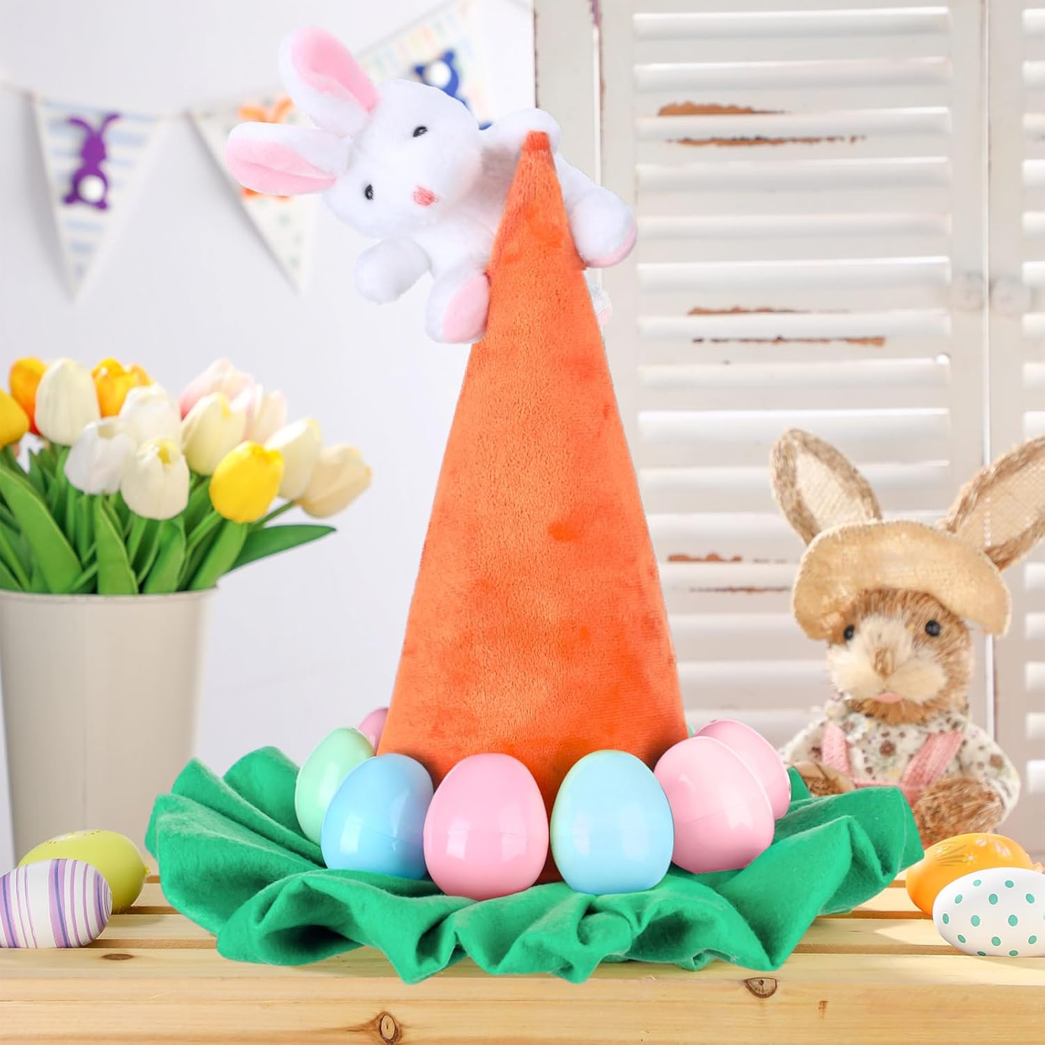 Easter Tree Topper Hat with Bunny Ears Decoration with Bow Carrot Trees Topper Decorations Ornaments for Easter Spring Outdoor Indoor Home Decorative Party Supplies(Carrot)