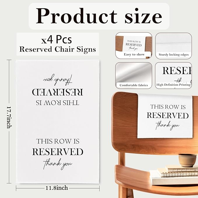 Reserved Seating Chair Signs, This Row Is Reserved Pew Cloths Seating Placeholder for Church Pews, Wedding Decorations for Reception Parties Celebrations Event Meetings (White, 4 PCS)