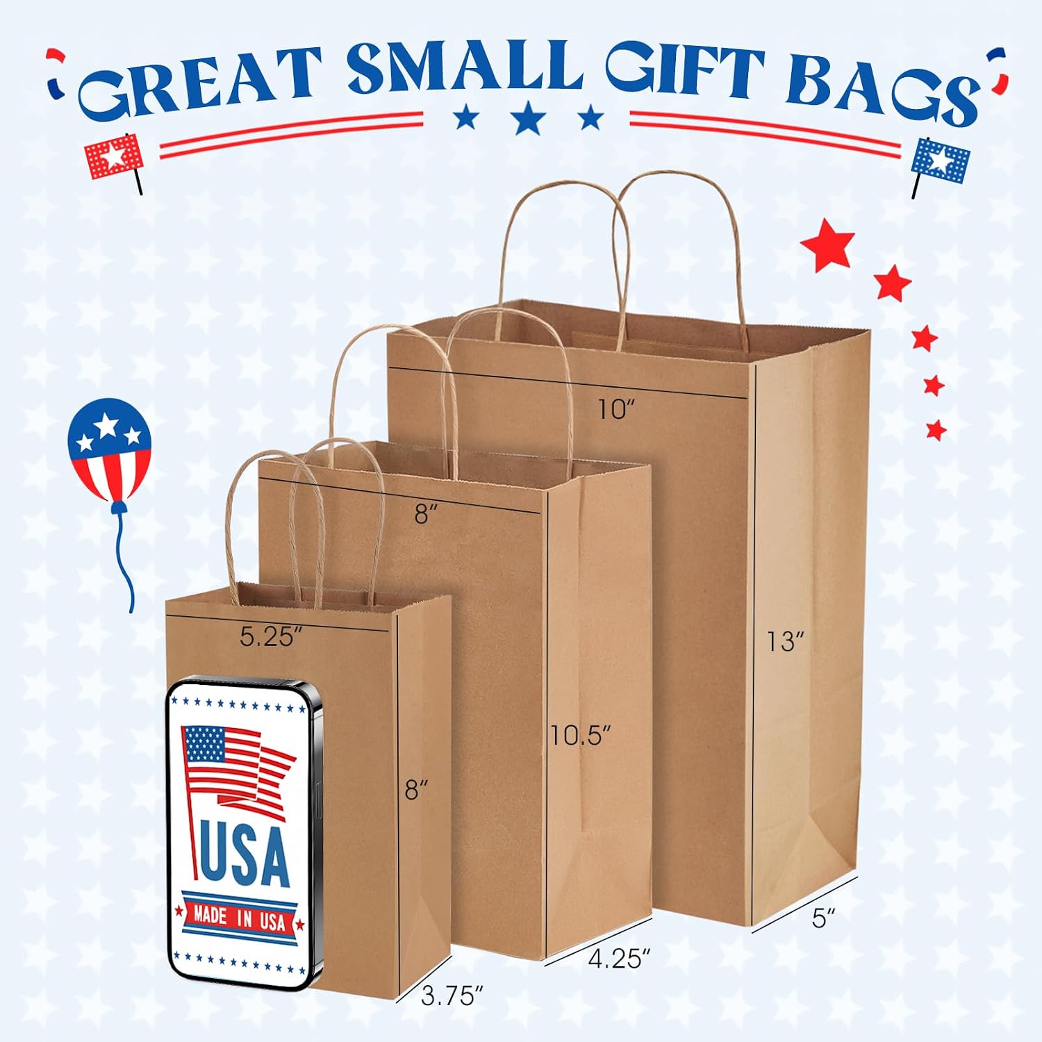 MESHA Brown Paper Bags 8x4.25x10.5 Inch 20Pcs, Paper Bags with Handles, Sturdy Brown Gift Bags for Retail, Birthday Party Favors, Shopping, Small Business (Made in USA)