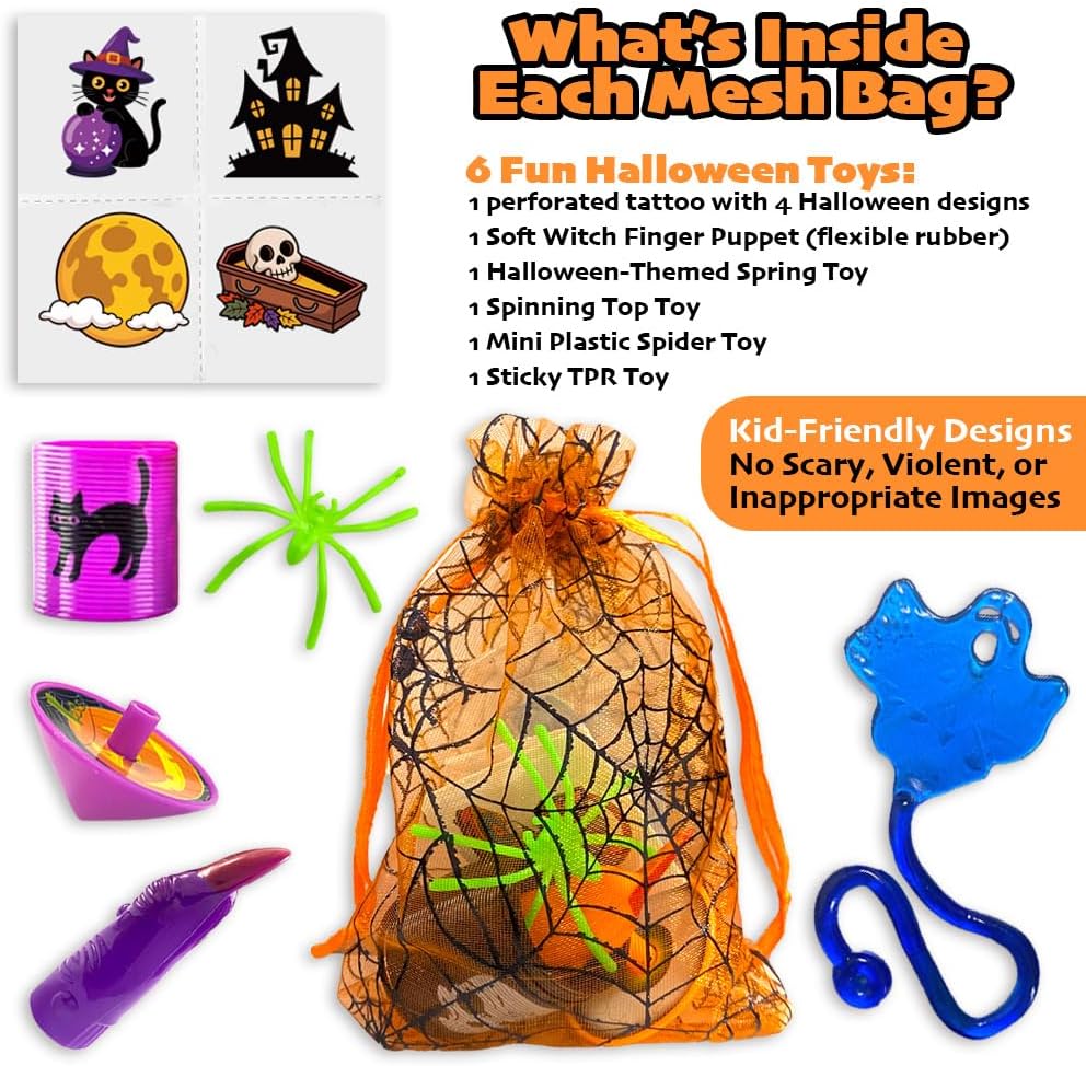 VKTEN 24 Pack Halloween Party Favors for Kids–Prefilled Mesh Treat Bags with Toys, Gift Tags & Twine–Trick or Treat Goodie Bag Fillers, Classroom Prizes & Exchange Gifts