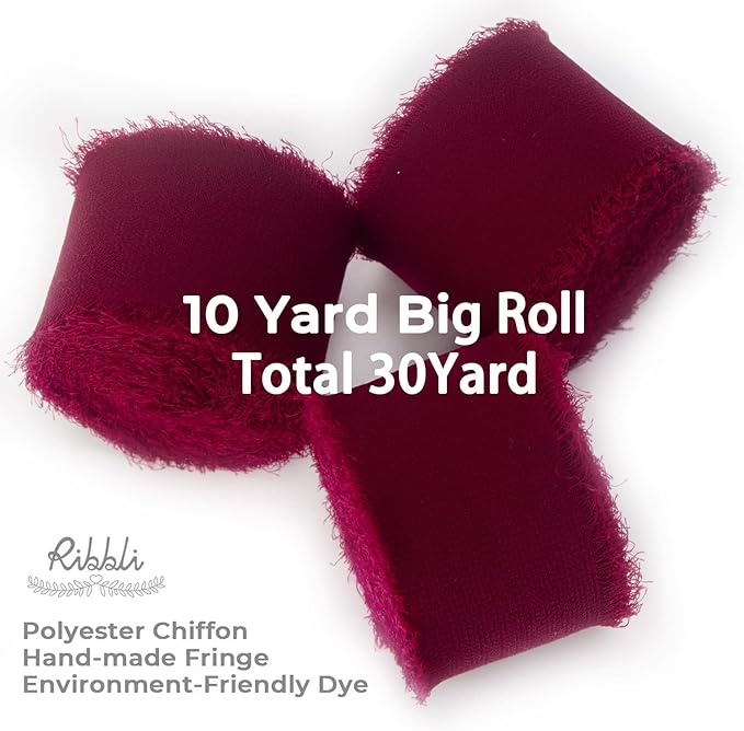 Ribbli Burgundy Chiffon Silk Ribbon, 1.5 inch x 30 Yard, Handmade, Fringe, Wedding Invitations, Gift Wrapping, Bridal Bouquets, Flower Arrangement