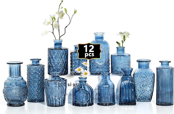 Mini Bud Vases As Wedding Centerpieces for Tables,Clear Bud Vases for Flowers,Small Flower Vases Suitable for Birthday Party,Anniversary,Wedding Reception,Baby Shower (Blue, 12PCS)