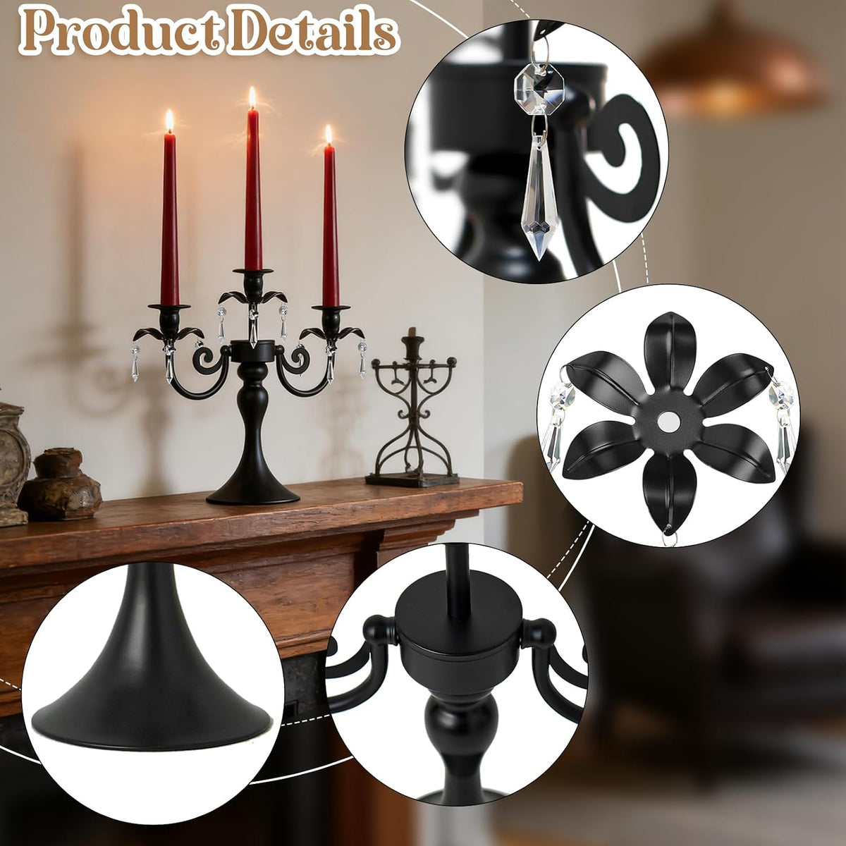 Metal 3 Arm Candelabra with Crystal Pendants - 11.8 Inch Tall Candle Holders,...