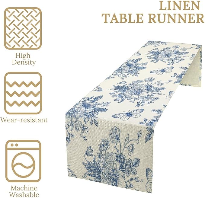 Monochrome Sketch Flowers Table Runner, Seasonal Spring Fall Plants Blue Florals Butterfly Dinner Runner for Home Kitchen Dining Table Party Holiday Decoration 13"x70"