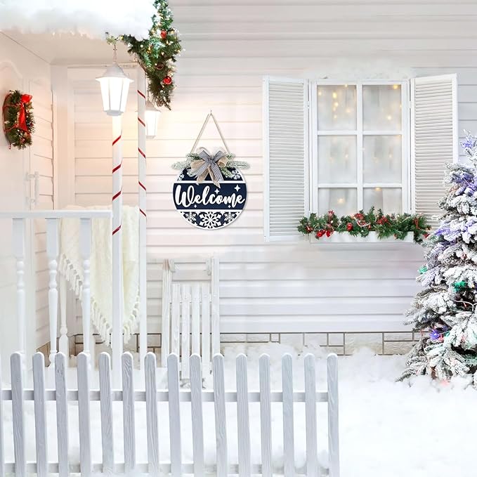 CHDITB Blue Welcome Winter Front Door Sign Wreath(11.4”), Wooden 3D Welcome Home Decoration Wall Hanging with Plaid Bow Snowflake, Farmhouse Christmas New Year Decor for Home Office