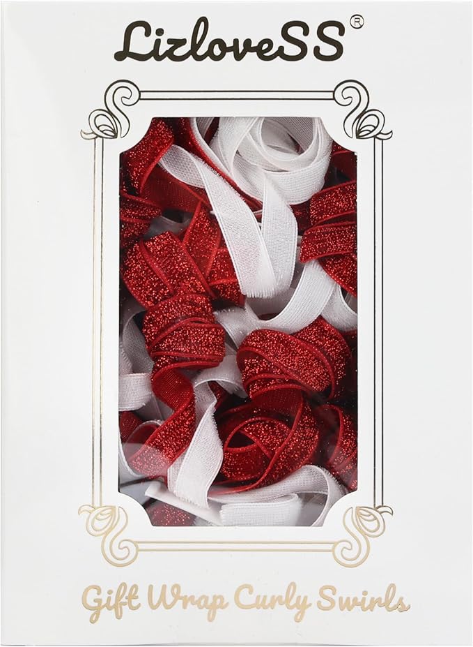 6" Metallic Glitter Red and White Self Adhesive Curly Ribbon Gift Wrap Bows for Christmas, Holiday, Birthday, Wedding, Presents, Party Favors Decorations 6-Count