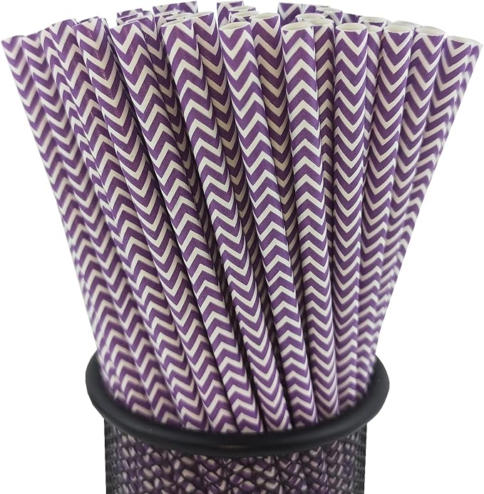 YAOSHENG Premium Disposable Waves Striped Drinking Paper Straws, Pack 100 Purple Waves Paper Straws for Cocktail Party Supplies,Birthday,Bridal/Baby Shower,Juice,Shakes (Purple Waves)