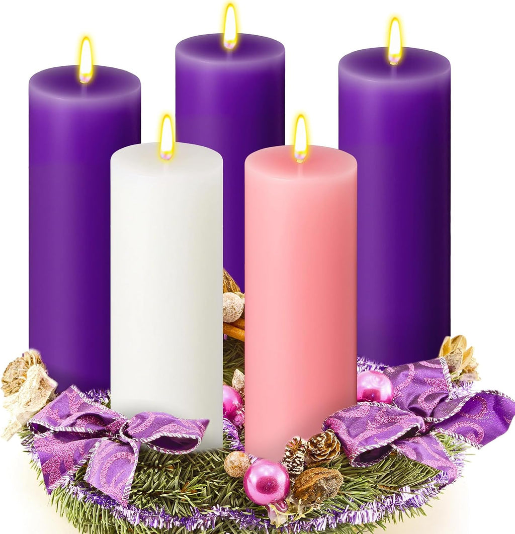 Cindeer 2 x 7 Inch Advent Candles Set of 5 for Advent Wreaths Candle Holder Votive Purple Pink Christmas Pillar Scented Candles for Seasonal Celebration Home Church