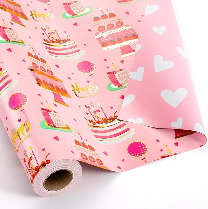 Yarcony Girls Birthday Wrapping Paper Roll, Pink Gift Wrapping Paper,Metallic Foil Pink Cartoon-Style Birthday Cakes Gift Wrap for Kid Party,Baby Shower,Wedding, Holiday,Christmas(17 Inch X 33 Feet)