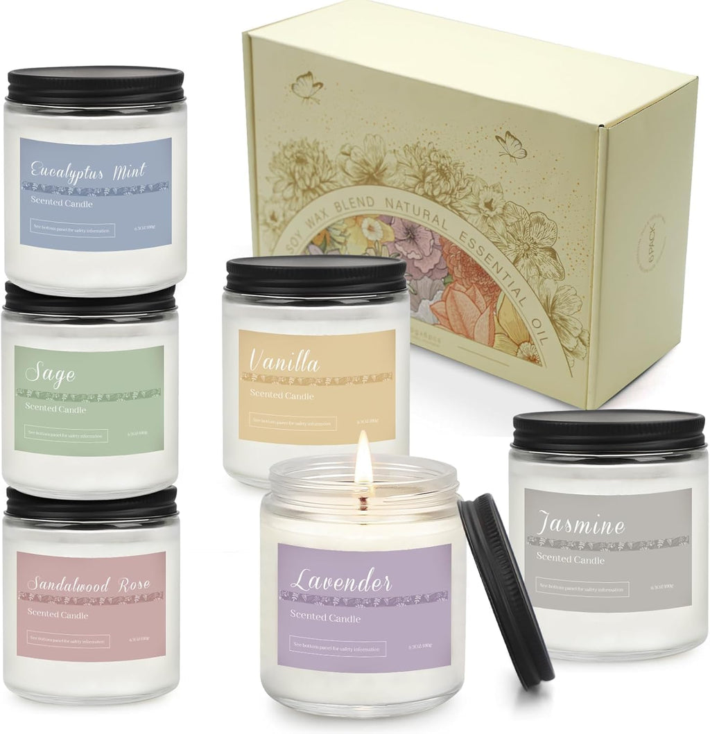 Scented Candles Gift Set, Long Lasting 6 Pack Aromatherapy Candles for Home, 42 oz 300 Hour Burn, Lavender Jasmine Vanilla Sage Sandalwood Rose Eucalyptus Mint, Gifts for Women