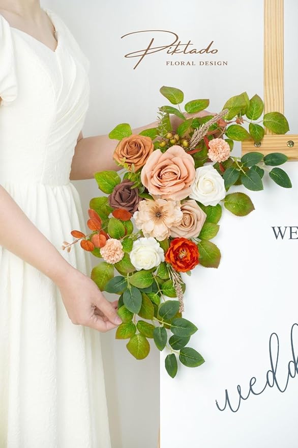 Wedding decor (pack of 2) Welcome Sign Flower Backdrop Garland For Ceremony Reception Wall Easel Home Decoration Entryway Faux Outdoor Board Head Table Decor (Orange & Terracotta)