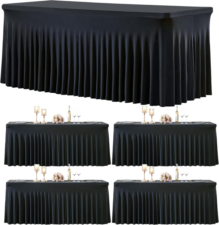 Besutolife 4 Pack Black Spandex Table Cloth for 6ft Rectangle Tables, Wrinkle Free Spandex Table Covers 6ft, Stretch Tablecloth with Skirt for Wedding Banquet Party Halloween Decorations