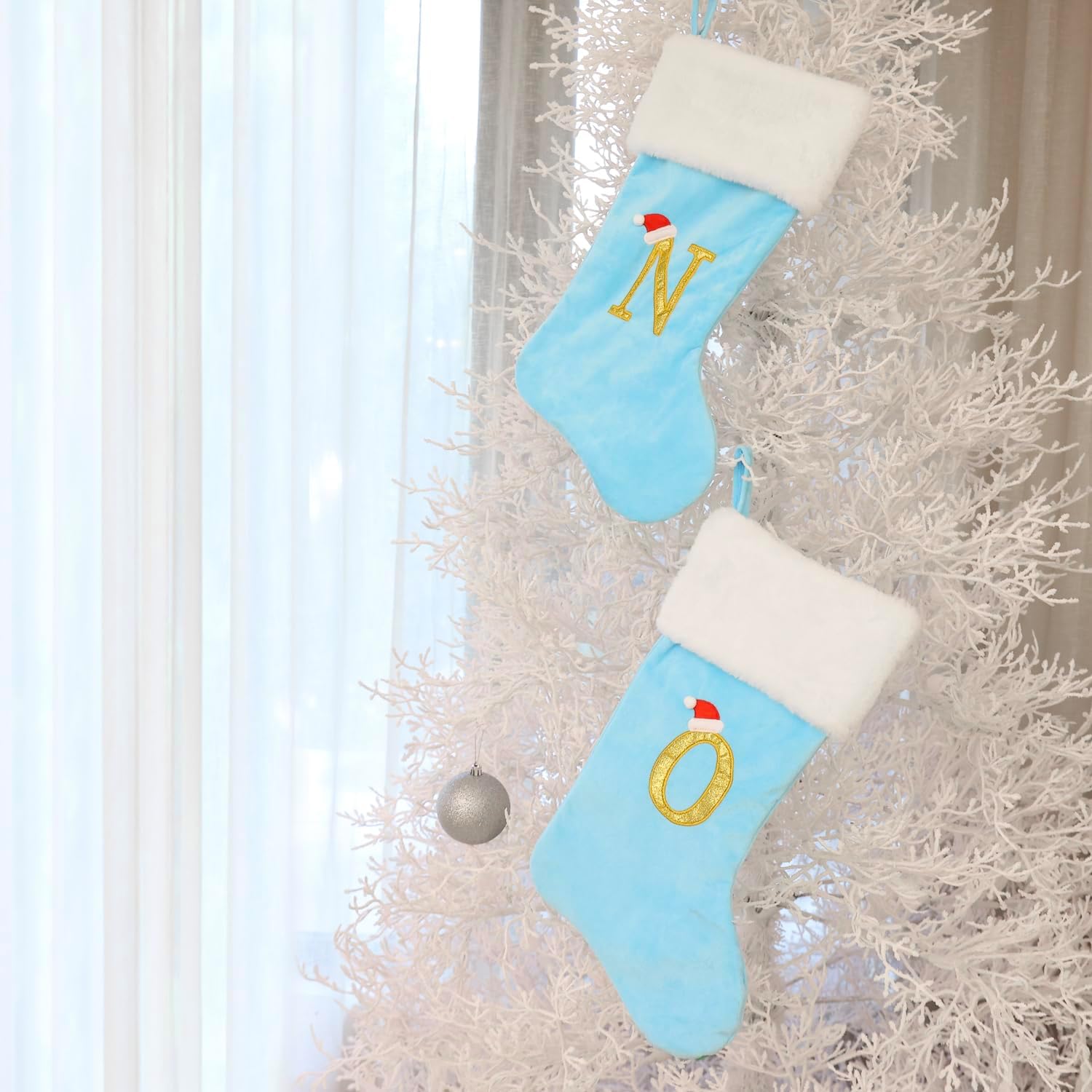 20-Inch Letter Embroidered Christmas Stocking Thick and Luxurious Light Blue Velvet with Super Soft Plush Cuff Personalized Festival Decoration for Xmas and New Year Party(Letter A)