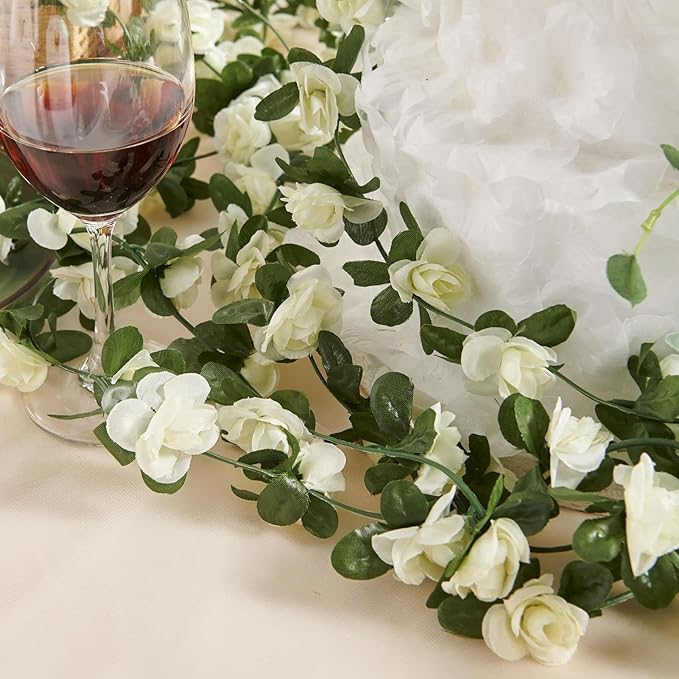 6 Pcs x 8.2 ft Flower Garland Artificial Rose Vine Flowers with Green Leaves Hanging Fake Roses Vine for Room Party Home Wedding Birthday Christmas Wall Arch Decor, Spring White Flower