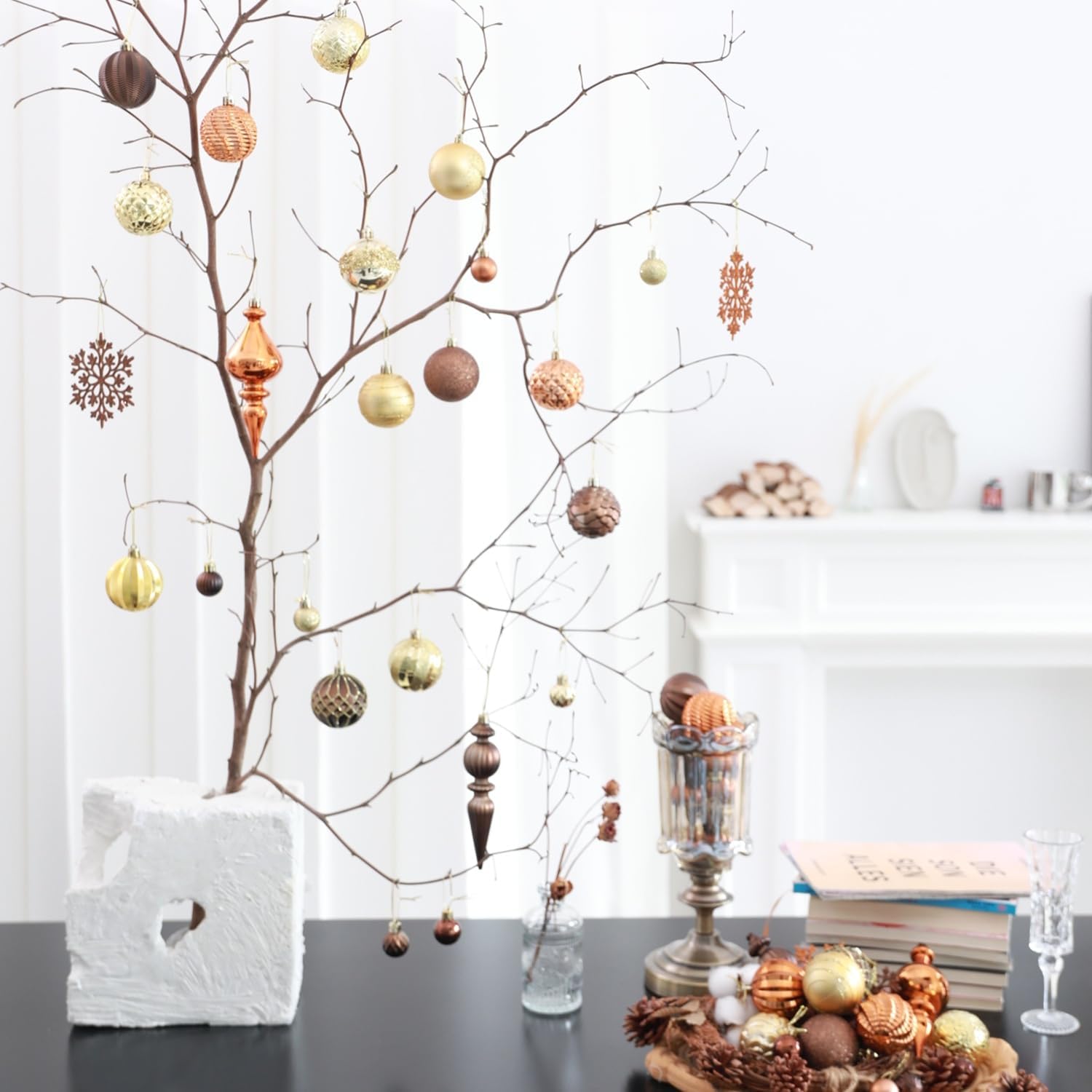 HipTree 116ct 1.18-6.5"Copper Gold Christmas Tree Ornaments Decorations Set | Shatterproof Luxury Assorted Hanging Baubles, Pre-Strung Bulk Holiday Decor For Tabletop Tree,Mantel Xmas Party Home Indoor
