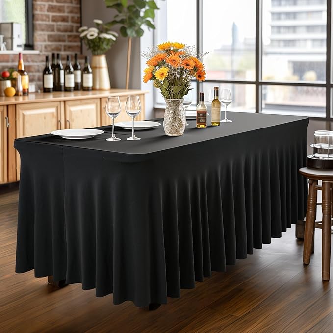 Wish Care 2 Pack Black Spandex Table Cloths - Fitted, Wrinkle Free, 6ft Rectangle Table Cover for Party, Banquet, Wedding & Events