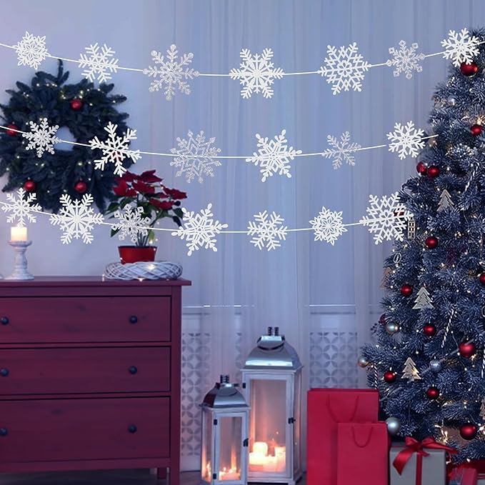 Winter Snowflake Cutouts - Glitter Paper Snowflake Decorations - 50Pcs White & Silver Double-Side Christmas Cutouts for Holiday Winter Wonderland Bulletin Board, Frozen Party Decor