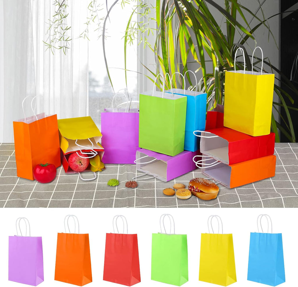 XPCARE 32Pcs Paper Gift Bags, 5.25x3.25x8.25'' Kraft Paper Party Favor Bags Bulk Rainbow Goodie Bags Small Gift Bags with Handles for Kids Birthday Baby Shower Crafts Wedding Party Supplies (6 Colors)