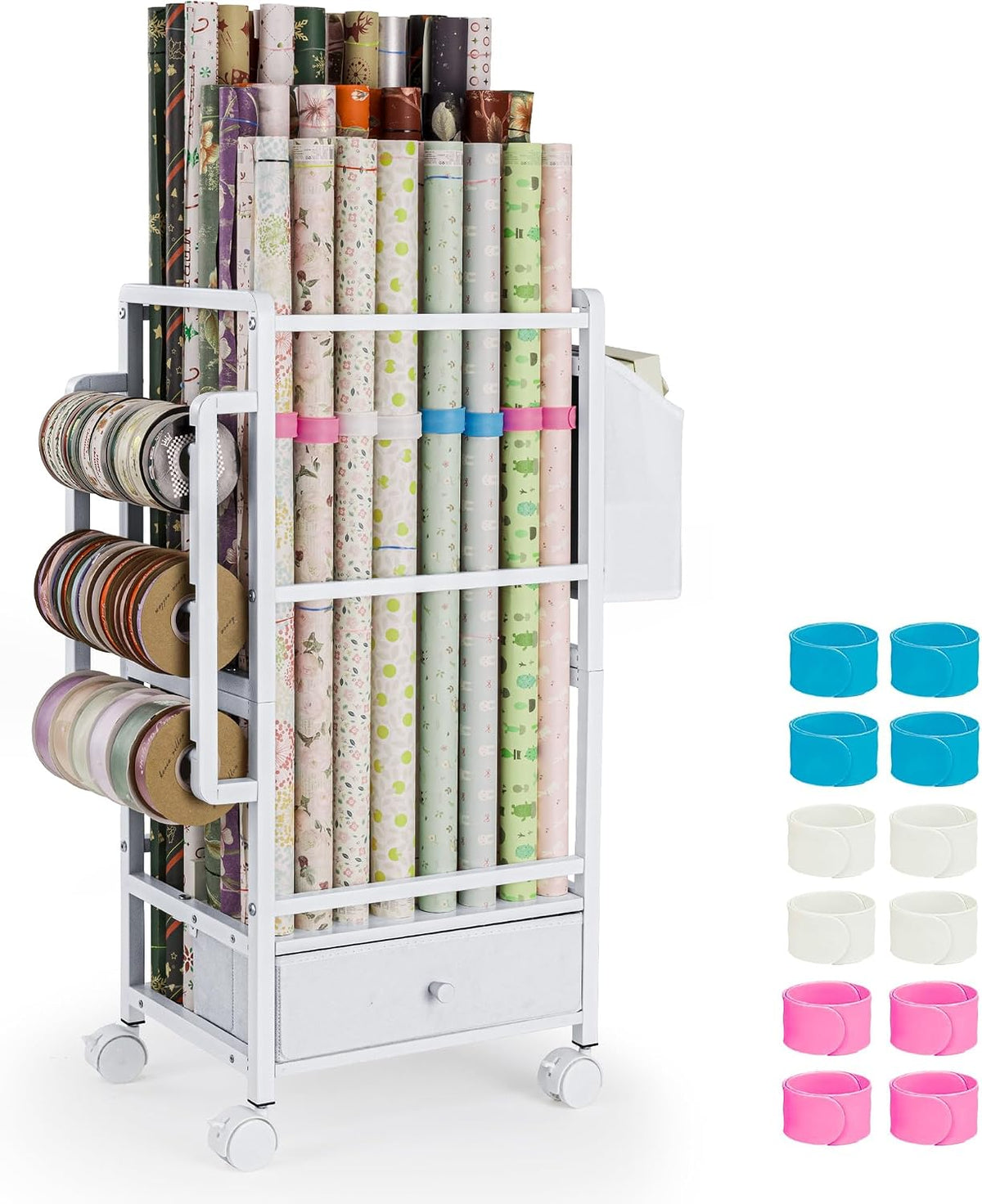 aquzee wrapping paper storage, adjustable gift wrap station shown in use