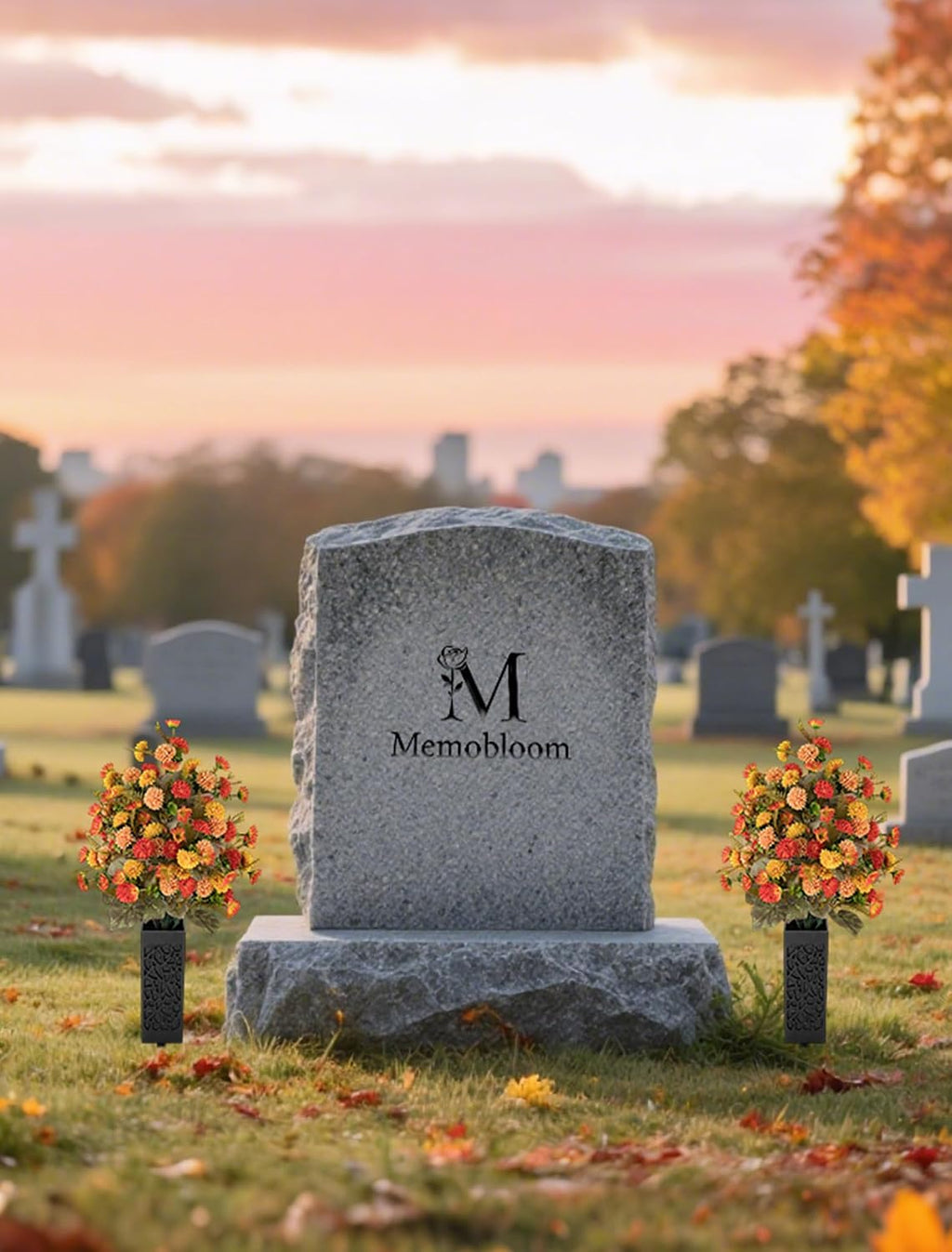 fall cemetery flowers for grave decorations, fake mums shown in use