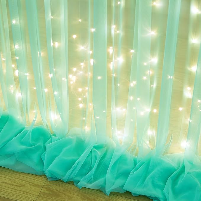 Sage Green Tulle Backdrop Curtains with Lights String for Parites 10x10ft Sheer Backdrop Curtains Drapes for Birthday Party Bridal Shower Baby Shower Christmas Wall Photo Booth Background Decorations