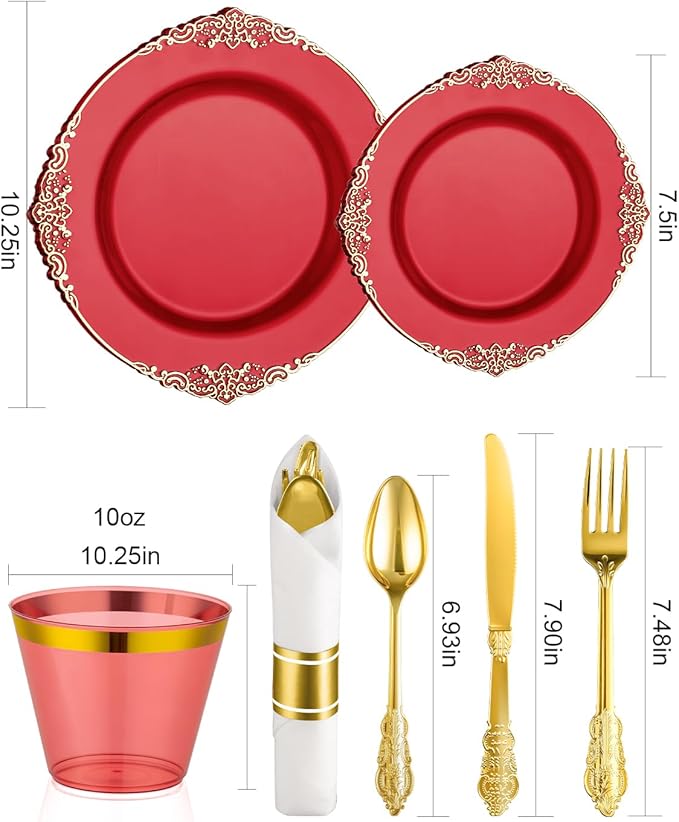 Goodluck 350 Piece Red Dinnerware Set for 50 Guests, Fancy Disposable Plates, Include: 100 Red Rim Plastic Plates, 150 Silverwares, 50 Pre Rolled Napkins, 50 Cups for Party, Wedding
